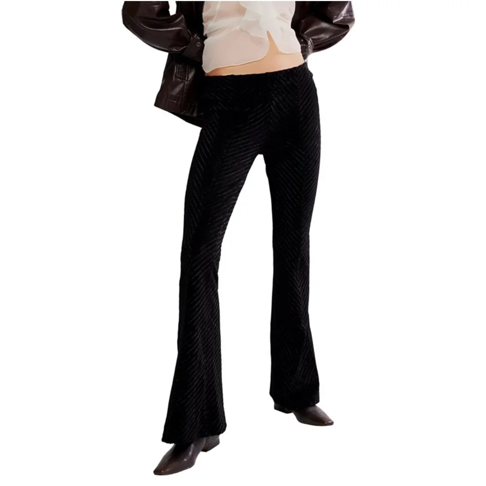 Free People Penny Pull-On Velvet Pants Black‎ Ribbed Flare Bell Bottom- XS